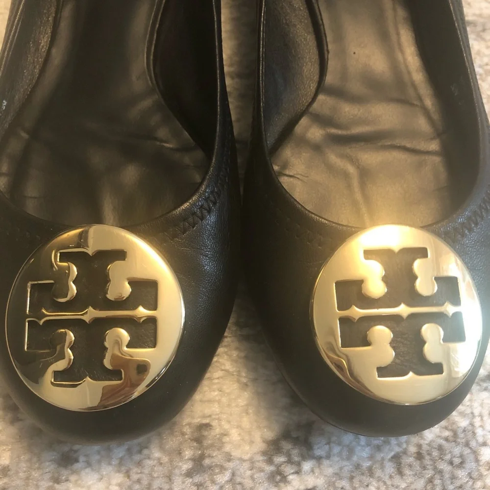 Tory Burch Black Leather Logo Ballet Flats with Gold Medallions